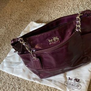 Authentic COACH TRIBECA patent shoulder tote.  Berry/gold hardware